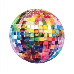 Vibrant watercolor disco ball features a rich texture with an array of bright colors, set against a clean white background, evoking a lively party atmosphere