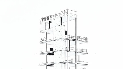 Architectural sketch of a multi-story concrete building under construction, showcasing structural details and design elements.