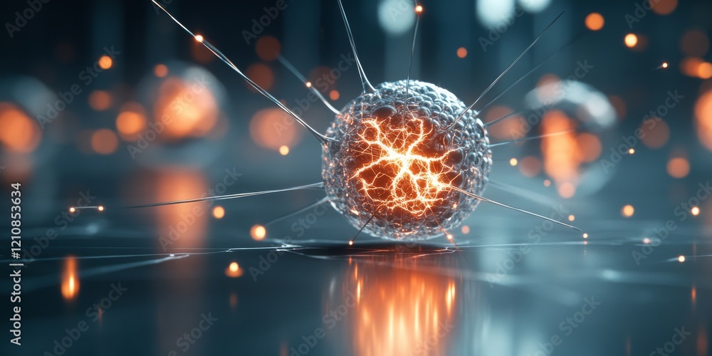 Poster electric energy bursts from a central sphere in a futuristic abstract setting showcasing intricate p