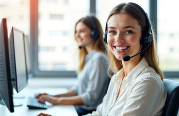 Friendly woman telemarketing agent smiles at camera in office. Wears headset, works at computer. Two agents work together, offering customer service. Modern office setting with computers, windows.