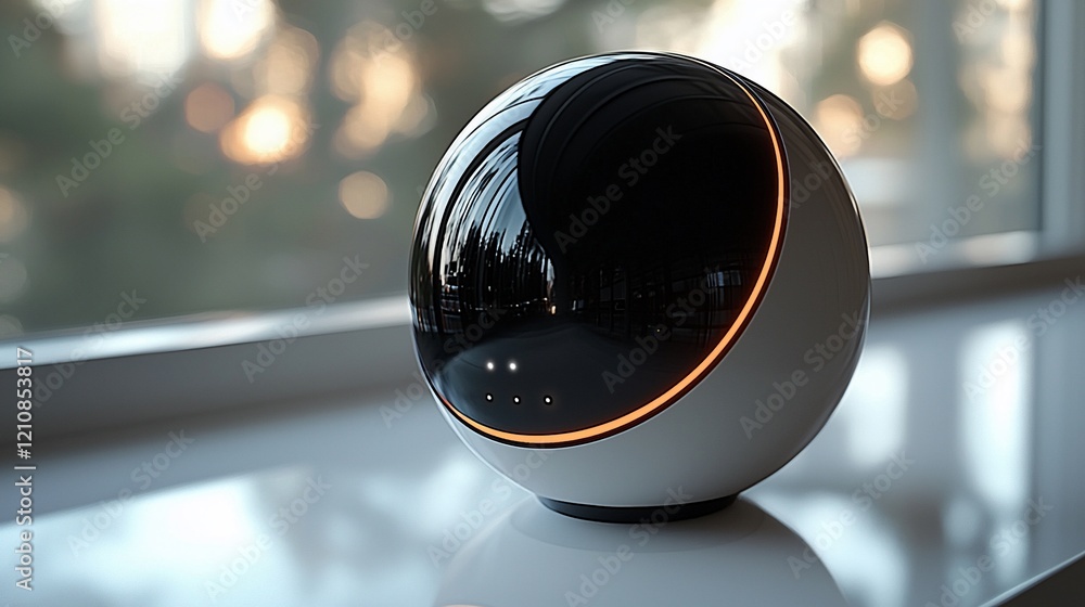 Poster futuristic smart home device on a windowsill.
