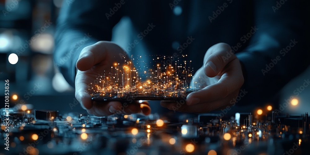 Poster hands holding smartphone with glowing digital circuits representing innovation in technology and dat