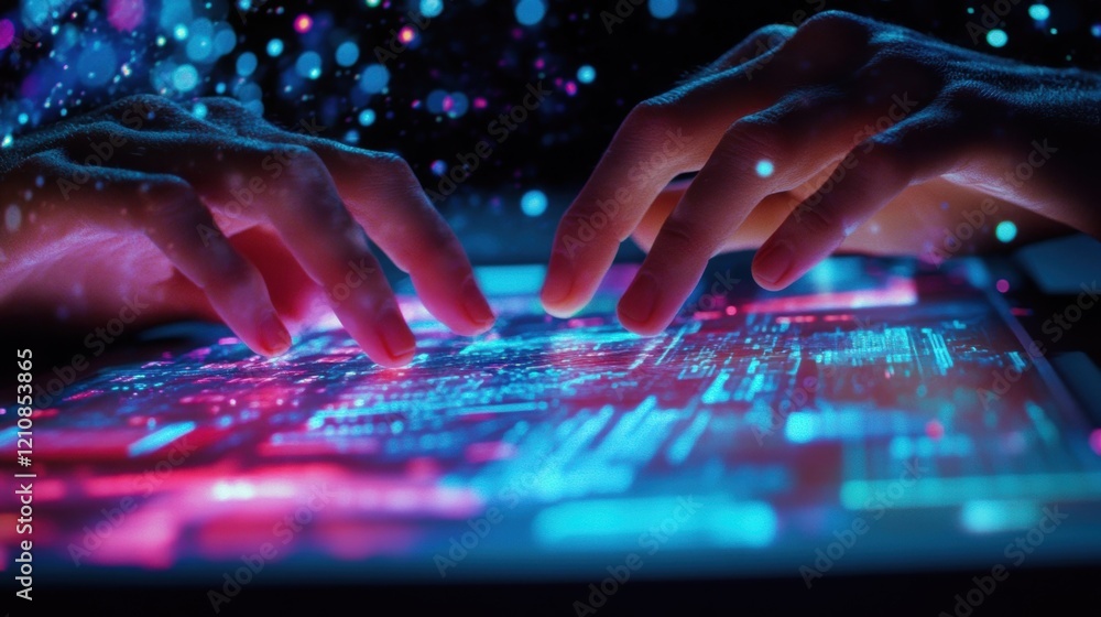 Poster hands interacting with a futuristic screen with data and colorful bokeh lights creating a concept of