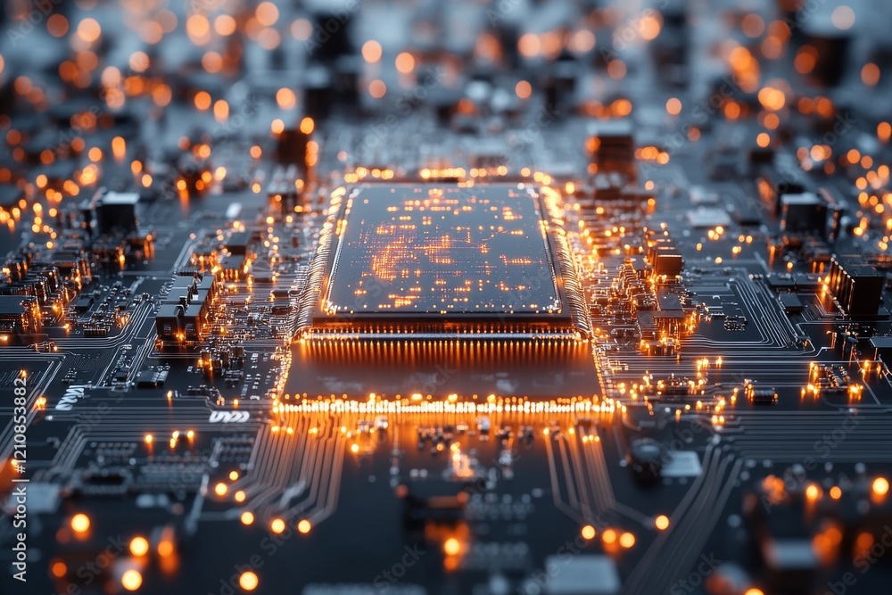 Poster lighted microchip illuminated by colorful sparks on a circuit board at close range