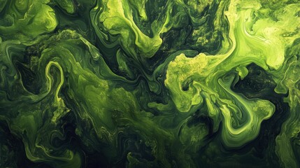 Swirling green abstract fluid art with vibrant organic shapes and dynamic movement