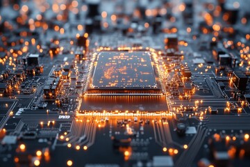 Lighted microchip illuminated by colorful sparks on a circuit board at close range