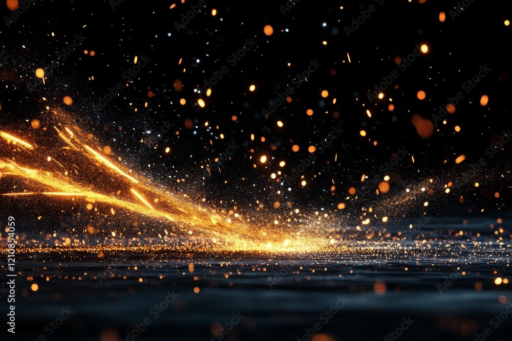 Poster dynamic sparks and golden dust swirling in a dark setting create a mesmerizing visual display of mot