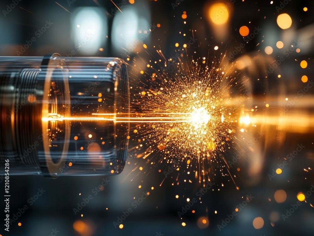 Poster laser beam colliding with target creating vibrant sparks in a dark setting