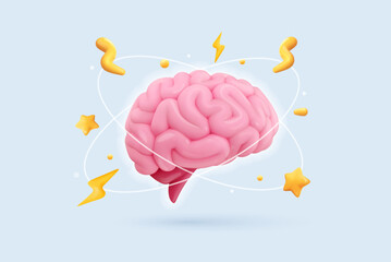 3D cartoon pink brain with lightning and bolts. Brainstorming, symbol of thinking, creativity, and mental energy. Brainstorm isolated vector illustration.