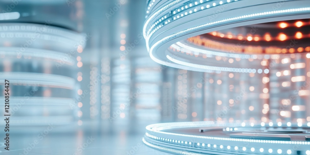Poster modern futuristic technology display with glowing rings and intricate light patterns in a sleek envi