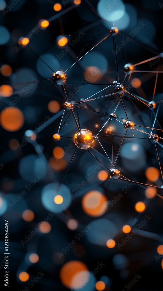 Poster colorful abstract representation of molecular structure with glowing elements in a dark background