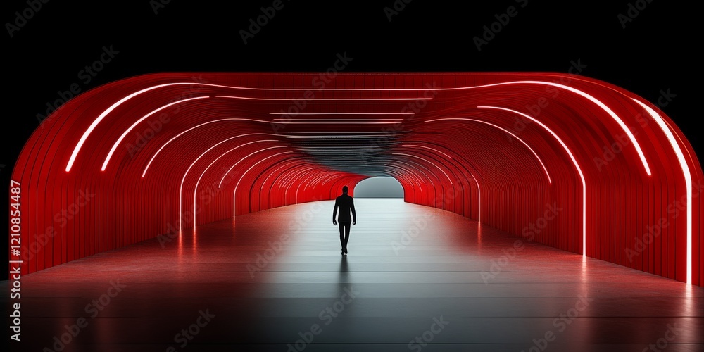 Poster unique architectural design features a person walking through a luminous red tunnel in an urban sett