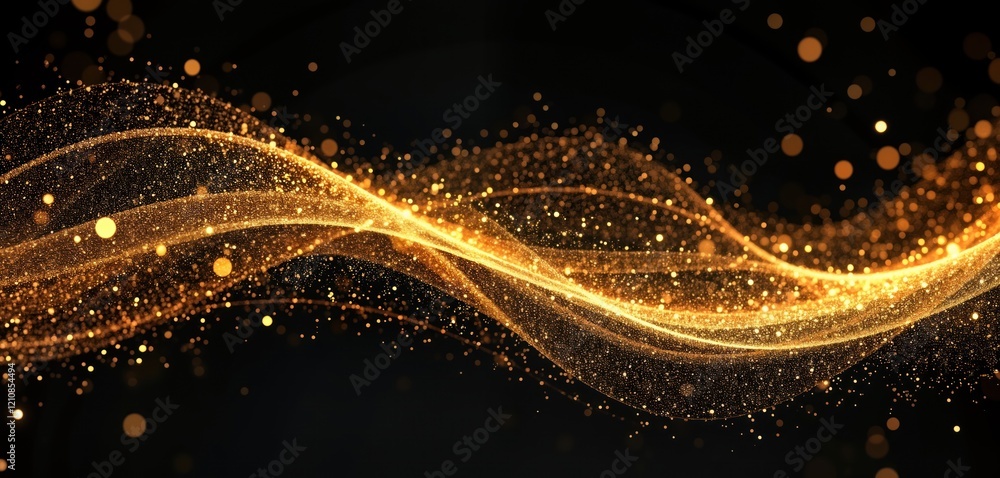 Aufkleber abstract gold wave design with glittery particles. dynamic flowing gold lines on black background. l