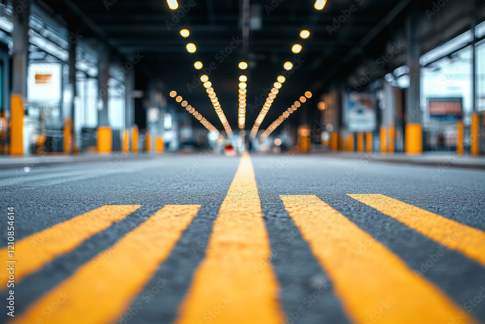 Poster lines on the pavement create a striking perspective in an urban setting during twilight hours