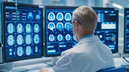 A dedicated neurologist analyzes brain tests on a hospital monitor, ensuring accurate diagnosis for patients health.