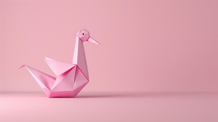 A delicate origami duck rests gracefully on a soft pink backdrop, illuminated by gentle natural light.