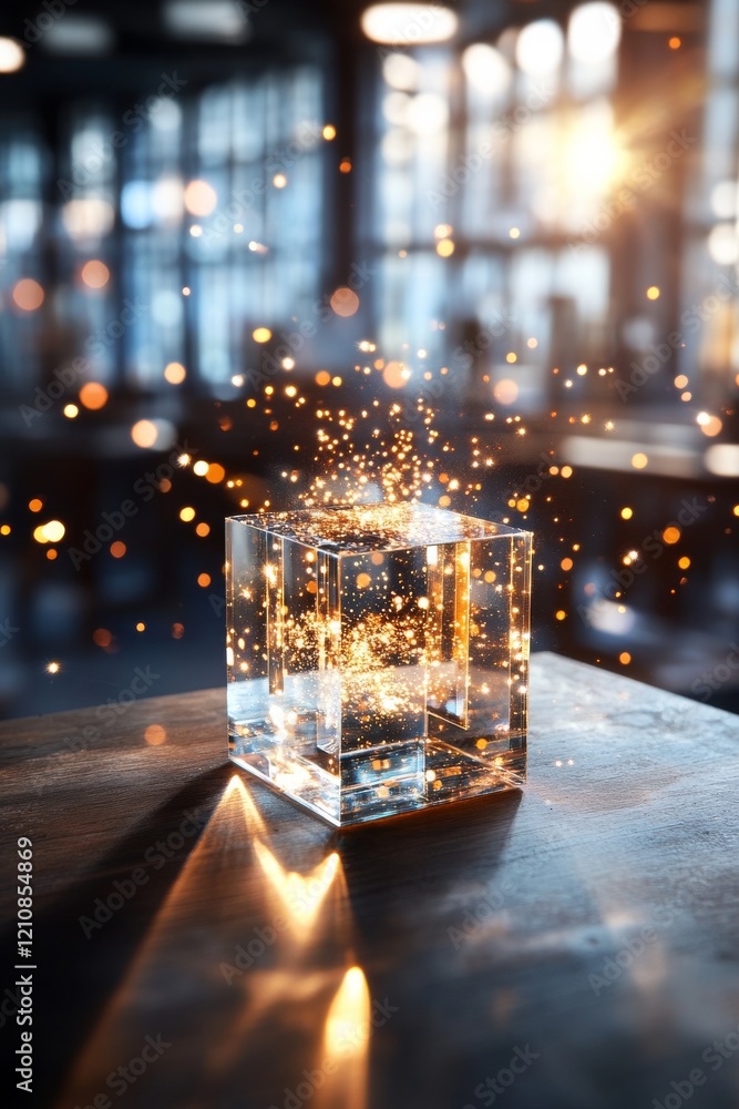 Poster Sparkling glass cube refracting light and creating magical effects in a dimly lit room