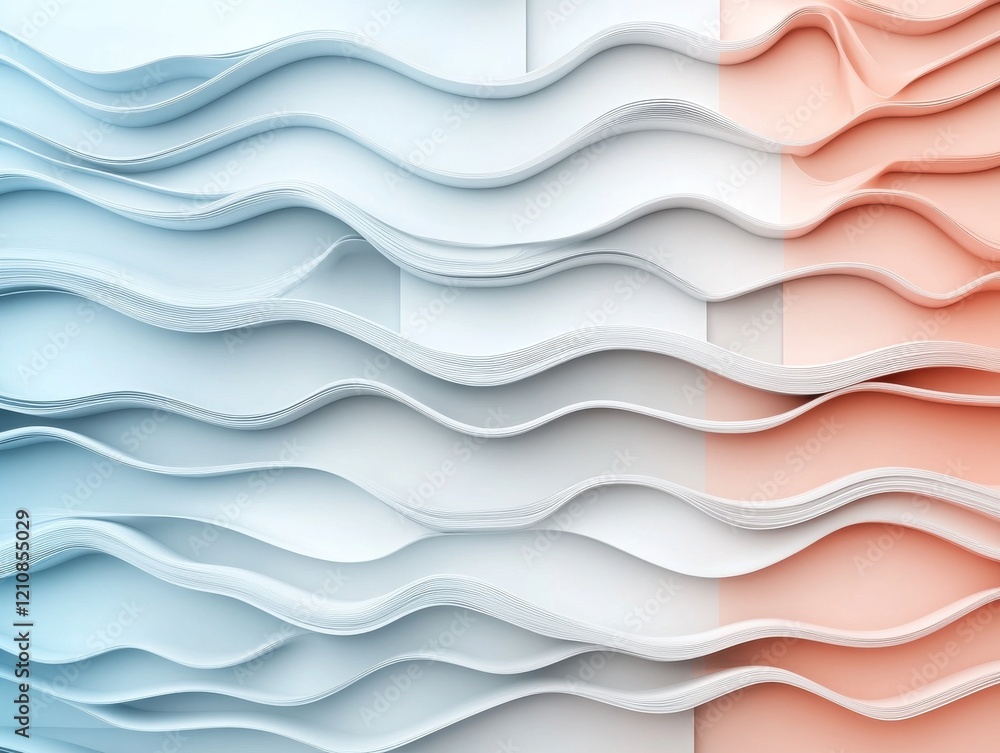 Poster abstract wave patterns create a textured design in soft tones of blue and coral