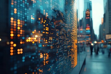 Fototapeta premium Vibrant city lights illuminate a digital display as evening descends on an urban street