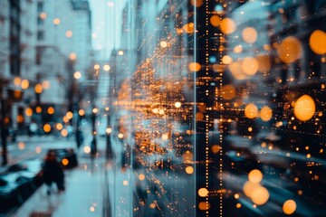 Obraz premium Urban evening street view reflecting vibrant lights and city life in a modern downtown area