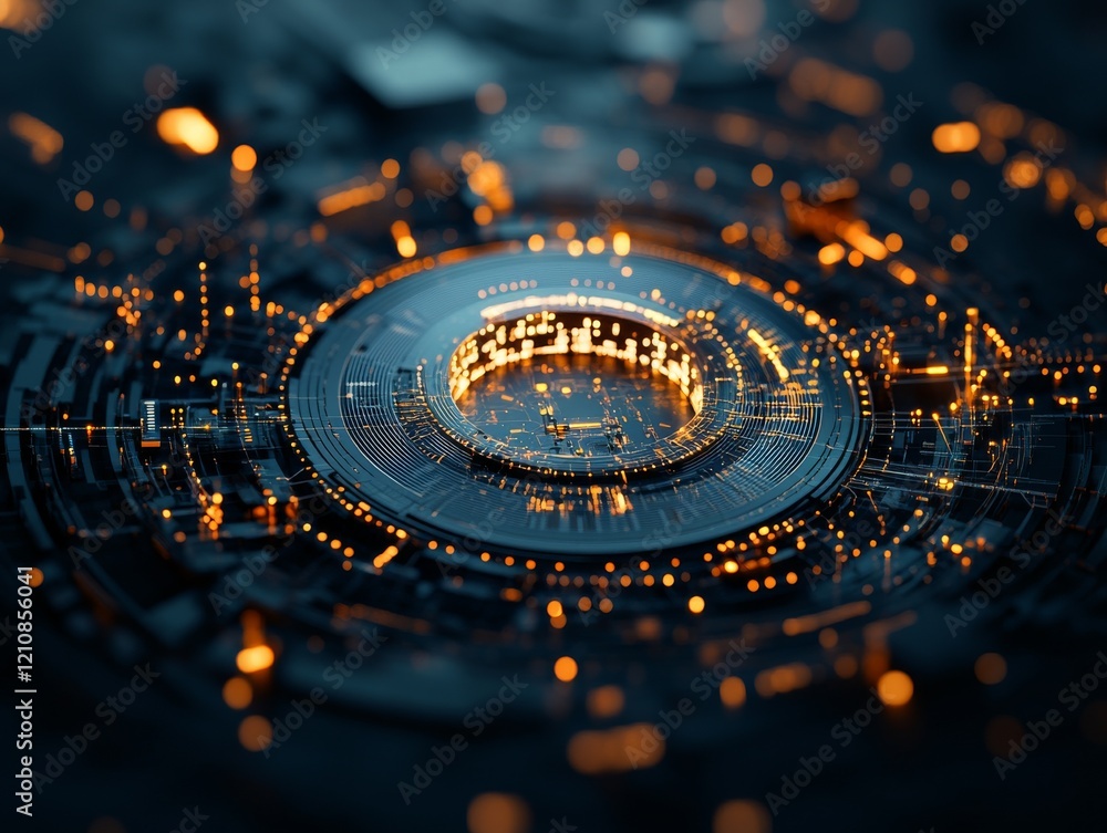 Poster digital circuit with glowing elements creates a futuristic atmosphere in abstract technology setting