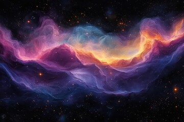 cosmic dreamscape with swirling nebulae iridescent stars ethereal cloud formations vibrant purples and teals abstract celestial patterns