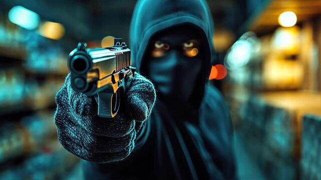 A masked intruder threatens in a dark store, instilling fear and urgency as they brandish a firearm amid the chaos.