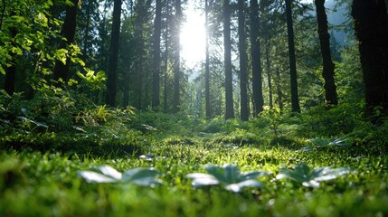 Sunlit forest path, lush greenery, tranquil scene, nature background, ideal for travel brochures