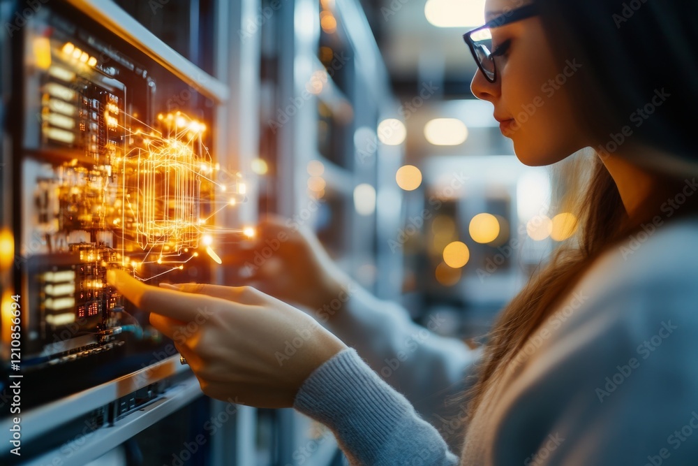 Poster young engineer works on advanced technology in a modern data center during evening hours