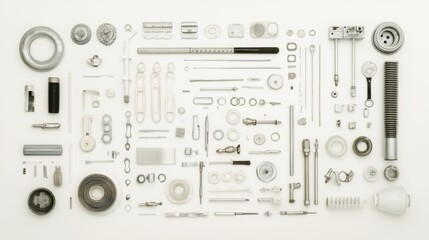 Fototapeta premium Flatlay of various small mechanical parts on white background.