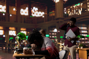 African american female student falling asleep on her books pile in the campus library, dealing with burnout and struggling to graduate college. Young pupil with fatigue tries to study at night.