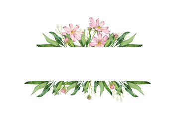 Watercolor floral frame on white background. Hand drawn summer flowers illustration for birthday, wedding, anniversary, romantic event, invitations.