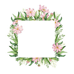 Watercolor square floral frame on white background. Hand drawn summer flowers illustration for birthday, wedding, anniversary, romantic event, invitations.