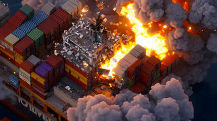 Burning cargo ship at sea, large fire and smoke.