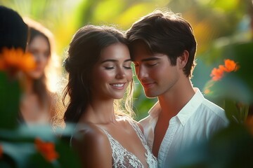 Obraz premium couple enjoying a peaceful moment in a sundrenched park surrounded by lush greenery and vibrant flowers capturing the essence of love and connection