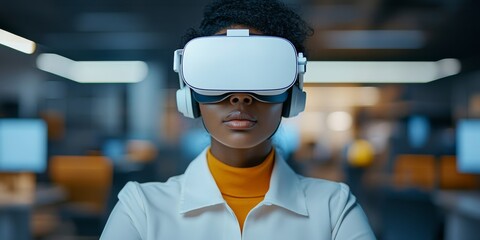 Young woman experiencing virtual reality technology in an office environment during daytime hours