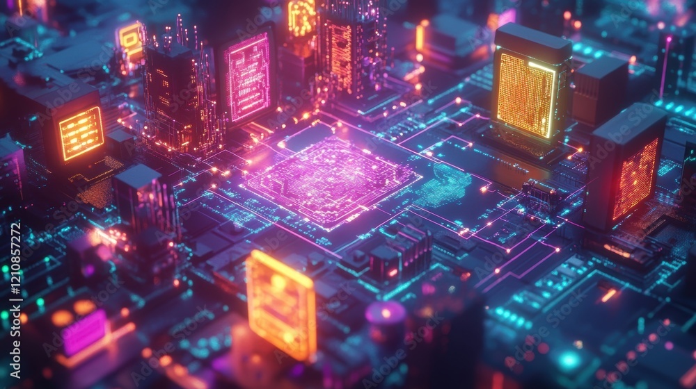 Poster illuminated by vibrant neon lights, a complex network of interconnected components symbolizes the in