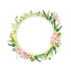 Fototapeta premium Watercolor circle floral frame on white background. Hand drawn summer flowers illustration for birthday, wedding, anniversary, romantic event, invitations.