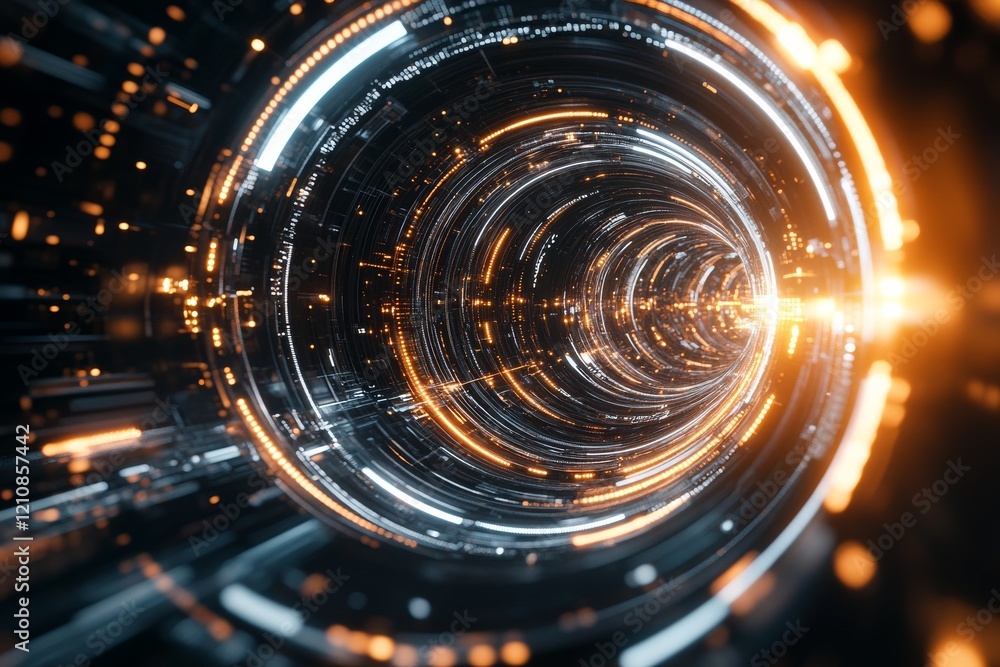 Poster visual representation of a futuristic tunnel with glowing lights and digital elements, creating a se