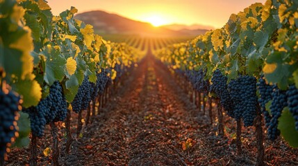 Vineyard landscape at sunset showcasing ripe grapes and lush foliage in a tranquil rural setting