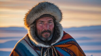 Shepherd stands resolutely in a snowy plain surrounded by expansive landscapes during the cold winter months showcasing resilience and connection to the land