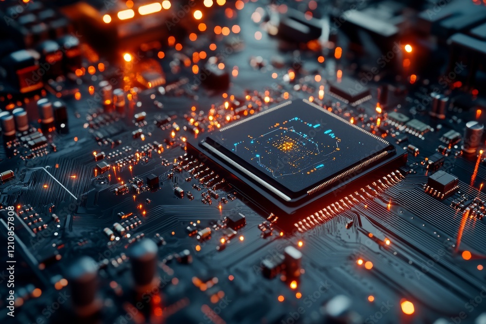 Poster close-up view of a modern computer circuit board with glowing components showcasing advanced technol