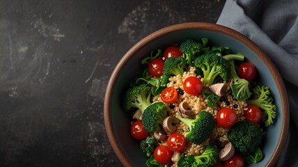 Dietary menu. Healthy vegan salad of vegetables - broccoli, mushrooms, spinach and quinoa in a bowl. Flat lay. Top view