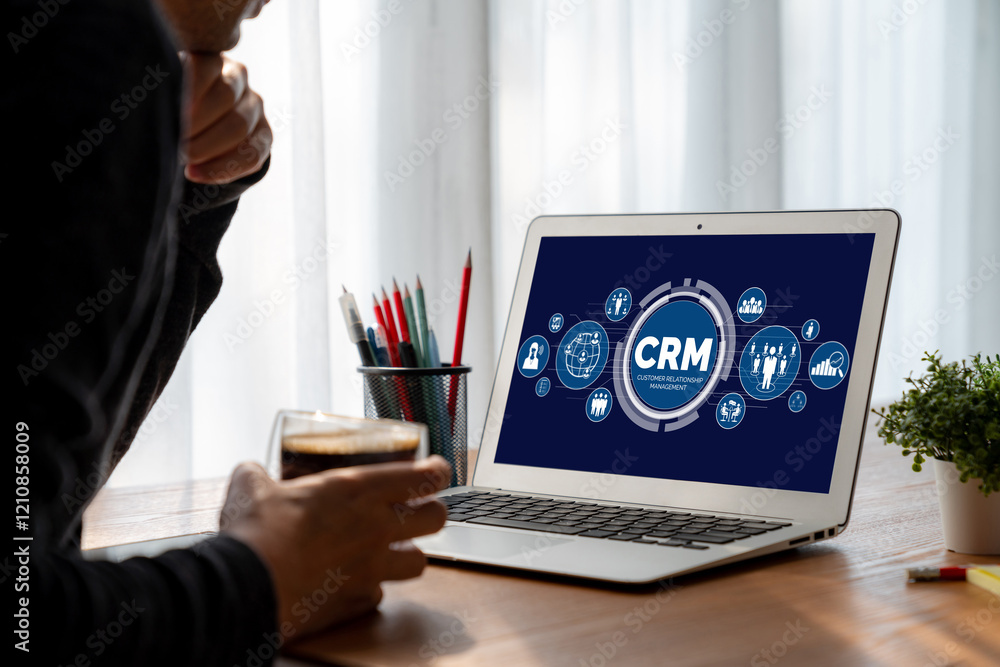 Poster customer relationship management system on modish computer for crm business and enterprise