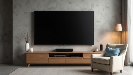 A sleek, flat-screen TV hangs above a light-wood entertainment unit on a gray wall, complemented by elegant white vases. 