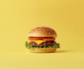 Juicy cheeseburger on vibrant yellow background, featuring fresh ingredients.