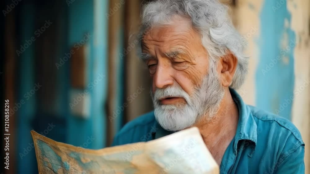 Poster elderly explorer studies map with curiosity and reflection in rustic setting