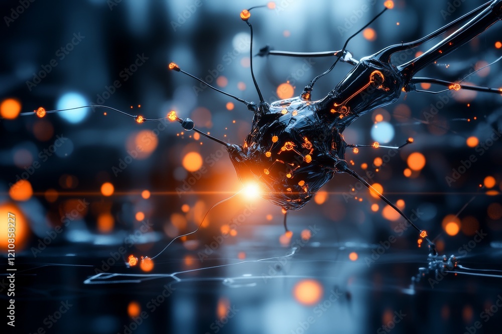 Poster abstract representation of a neural network with glowing nodes and connections in a dark environment