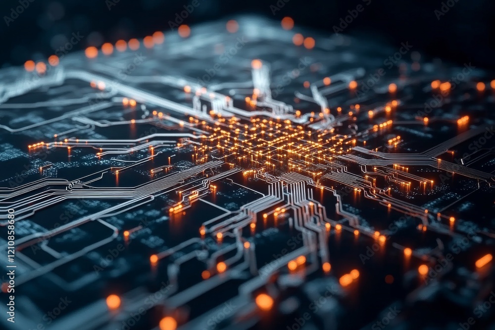 Poster visualization of an intricate circuit board design with glowing connections and data pathways at nig