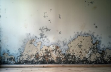 Moldy wall inside room shows dampness. Fungal growth damages interior. High humidity created damage. Poor sanitation issue. Wall needs repair, sanitation. Indoor damage. Old building, possible